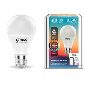 Лампа Gauss Smart Home A60 8,5W 806lm 2700-6500К E27 изм.цвет.темп.+диммирование LED 1/10/40