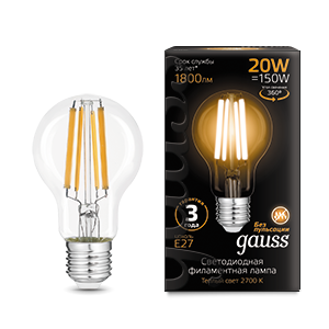 Лампа Gauss Filament А60 20W 1800lm 2700К Е27 LED 1/10/40