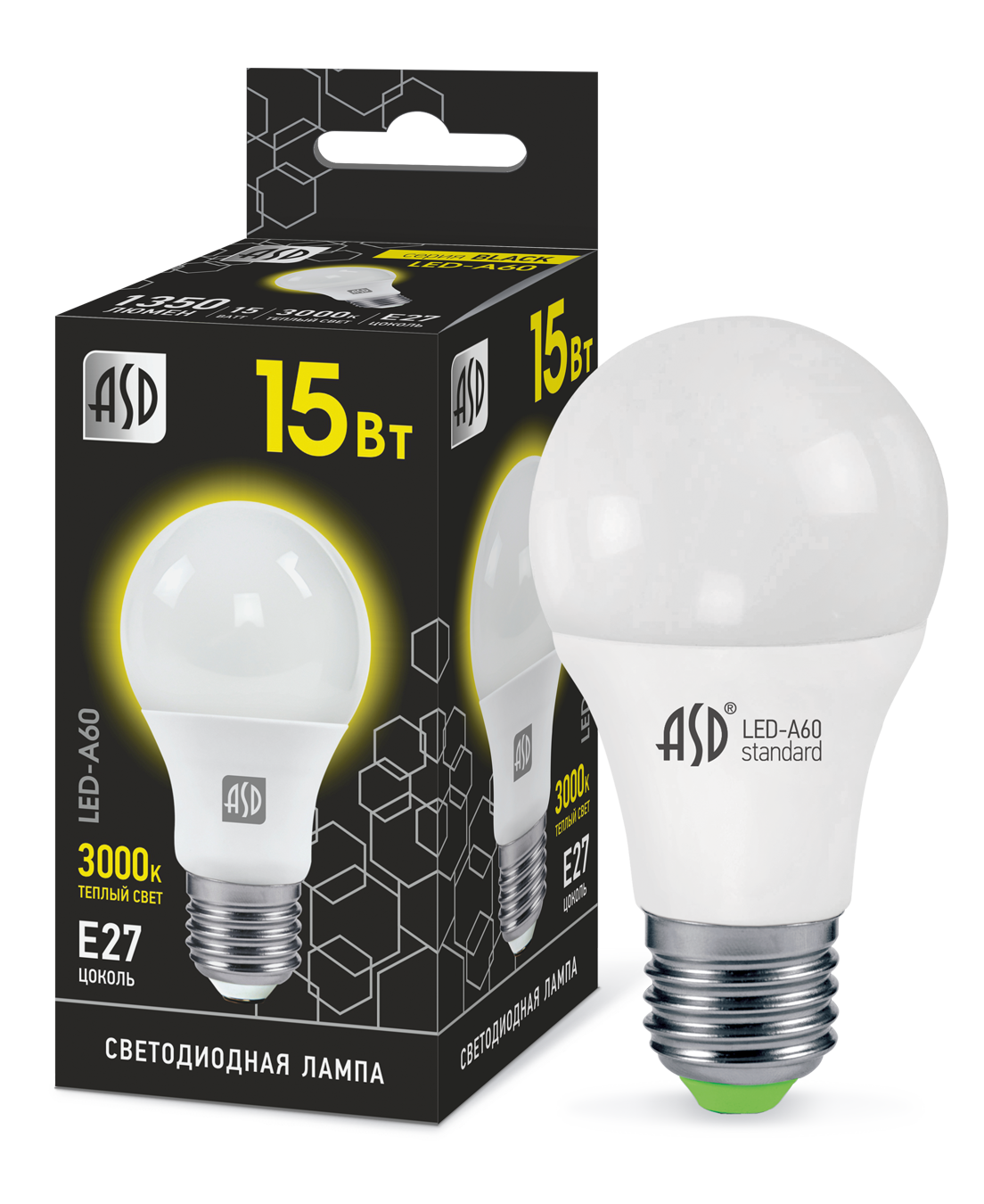 Лампа светодиодная LED-A60-black 15Вт 230В Е27 3000К 1350Лм ASD