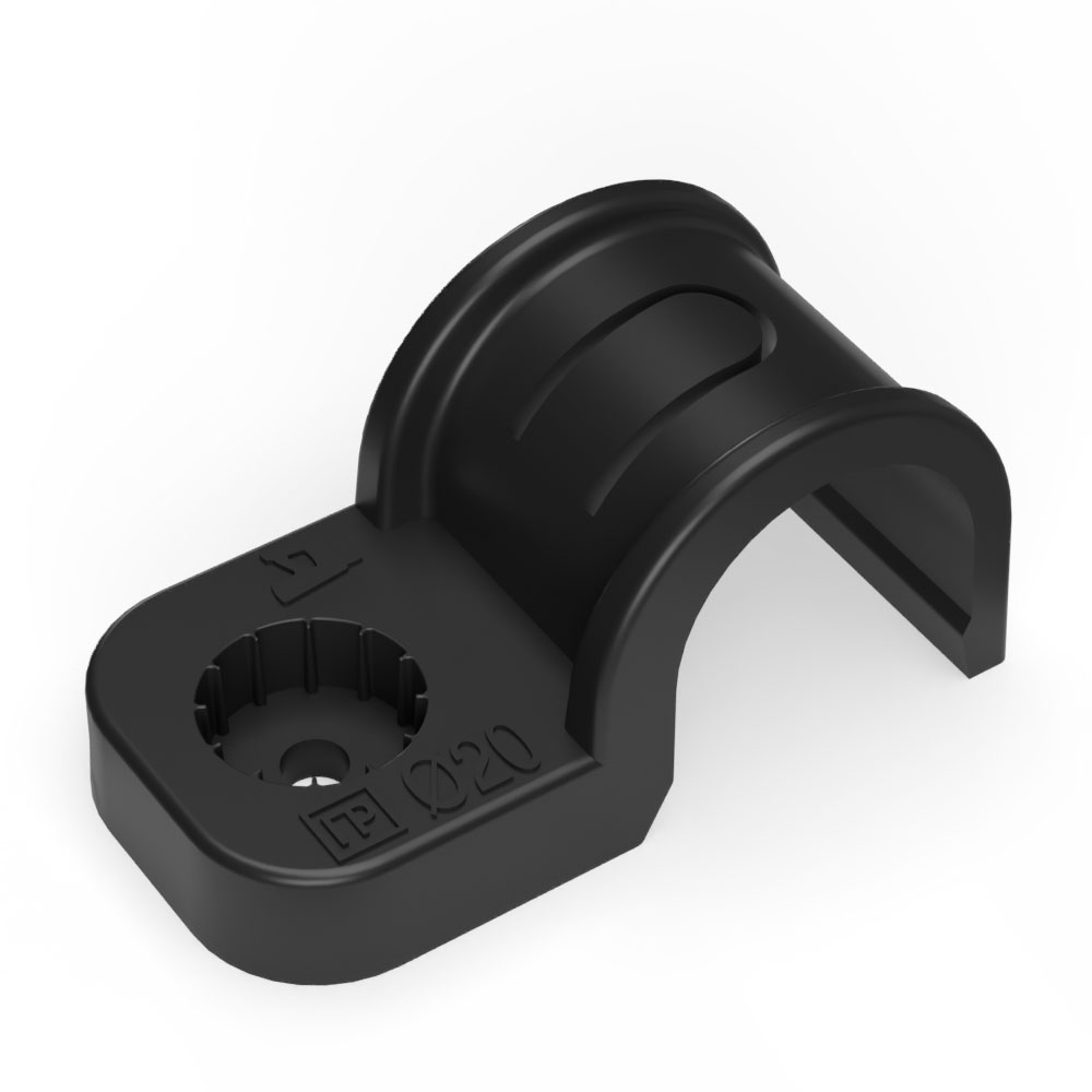 Крепеж-скоба пластиковая односторонняя для прямого монтажа черная в п/э д20 (50шт/600шт уп/кор) Пром