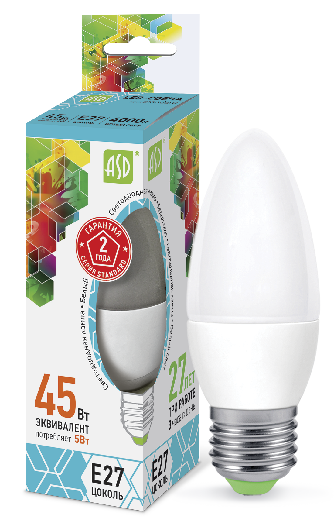 Лампа LED 5Вт Е27 4000К Свеча LED-СВЕЧА-standard 450Лм ASD