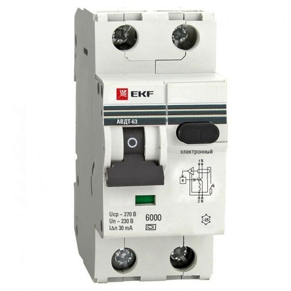 Дифференциальный автомат АВДТ-63 16А/30мА (характеристика С, электронный, тип А) 6кА EKF PROxima
