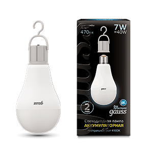 Лампа Gauss A60 7W 470lm 4100K E27 с Li-Ion аккумулятором LED 1/10/60