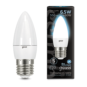 Лампа Gauss Свеча 6.5W 550lm 4100К E27 LED 1/10/100