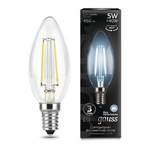 Лампа Gauss Filament Свеча 5W 450lm 4100К Е14 LED 1/10/50