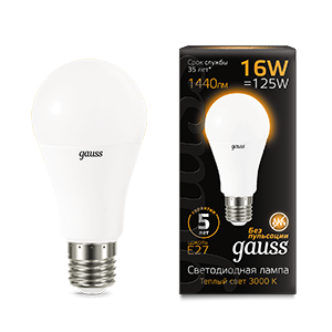 Лампа Gauss A60 16W 1440lm 3000K E27 LED 1/10/50
