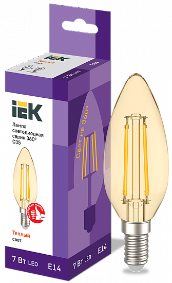 Лампа LED 7Вт Е14 2700К Свеча C35 свеча золото серия 360° IEK