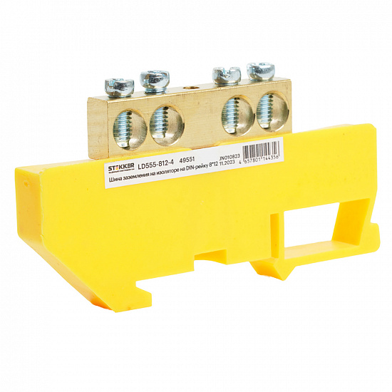 Шина"N" на изоляторе STEKKER 8*12 на DIN-рейку 4 вывода, желтый, LD555-812-4