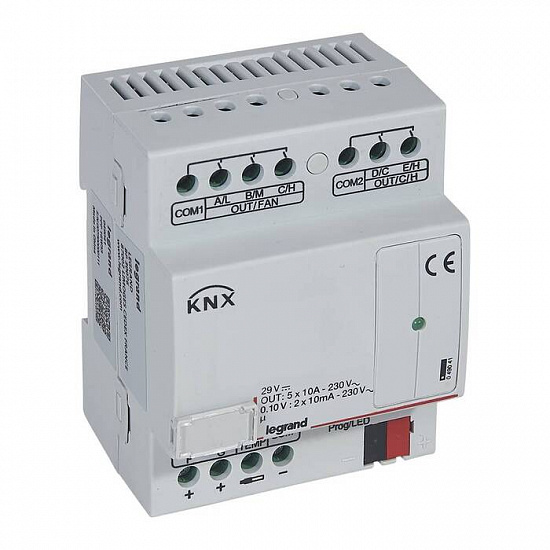 KNX. Контроллер управления фанкоилами 0-10В (3 скорости вентилятора, 2 клапана 0-10В) . DIN 4 модуля
