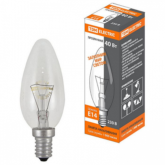 Лампа ЛОН 40Вт Е14 Свеча прозрачная TDM Electric