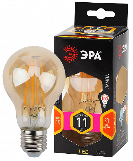 Лампа LED 11Вт Е27 2700К груша Filament A60-11W-827-E27 gold золот. (10/100/1500) ЭРА