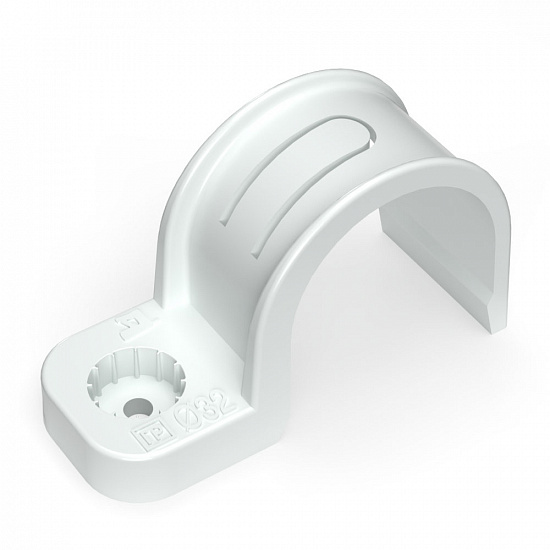Крепеж-скоба пластиковая односторонняя для прямого монтажа белая в п/э д32 (25шт/375шт уп/кор) Промр