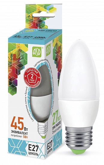 Лампа LED 5Вт Е27 4000К Свеча LED-СВЕЧА-standard 450Лм ASD