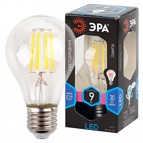 Лампа LED 9Вт Е27 4000К груша Filament A60-9W-840-E27 (10/100/1500) ЭРА