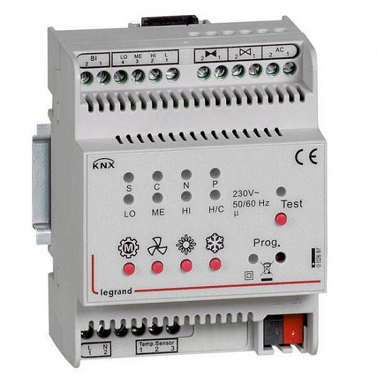 KNX. Контроллер управления фанкоилами ON-OFF (3 скорости вентилятора, 2 клапана ON-OFF, доп.бинарный вход). DIN 4 модуля