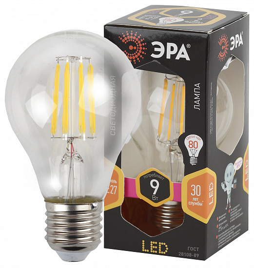 Лампа LED 9Вт Е27 2700К груша Filament A60-9W-827-E27 (10/100/2000) ЭРА